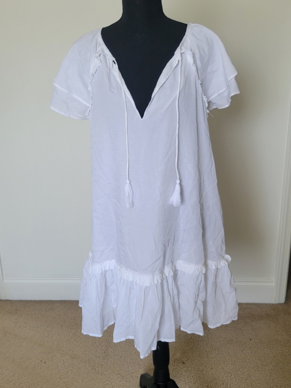 Elan White Boho Easy Cotton Blend Summer Mini Dress Ruffle Sleeve Tassel Ties S